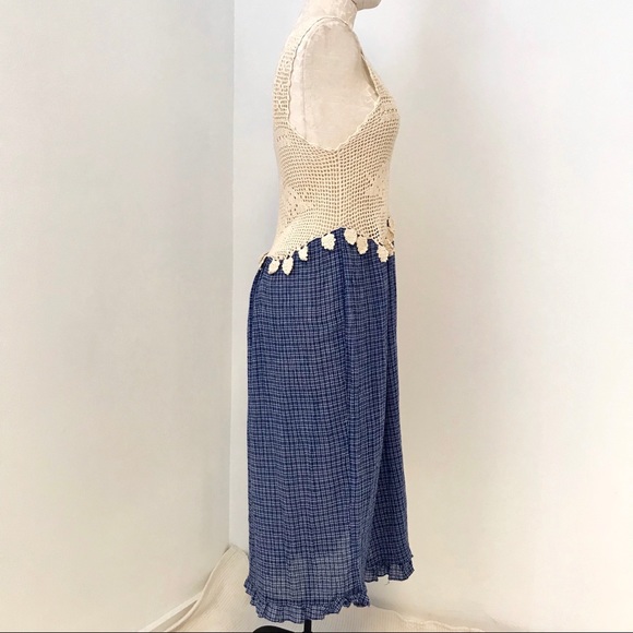 Vintage 70s Boho Crochet Top Print Midi Dress - Picture 9 of 11